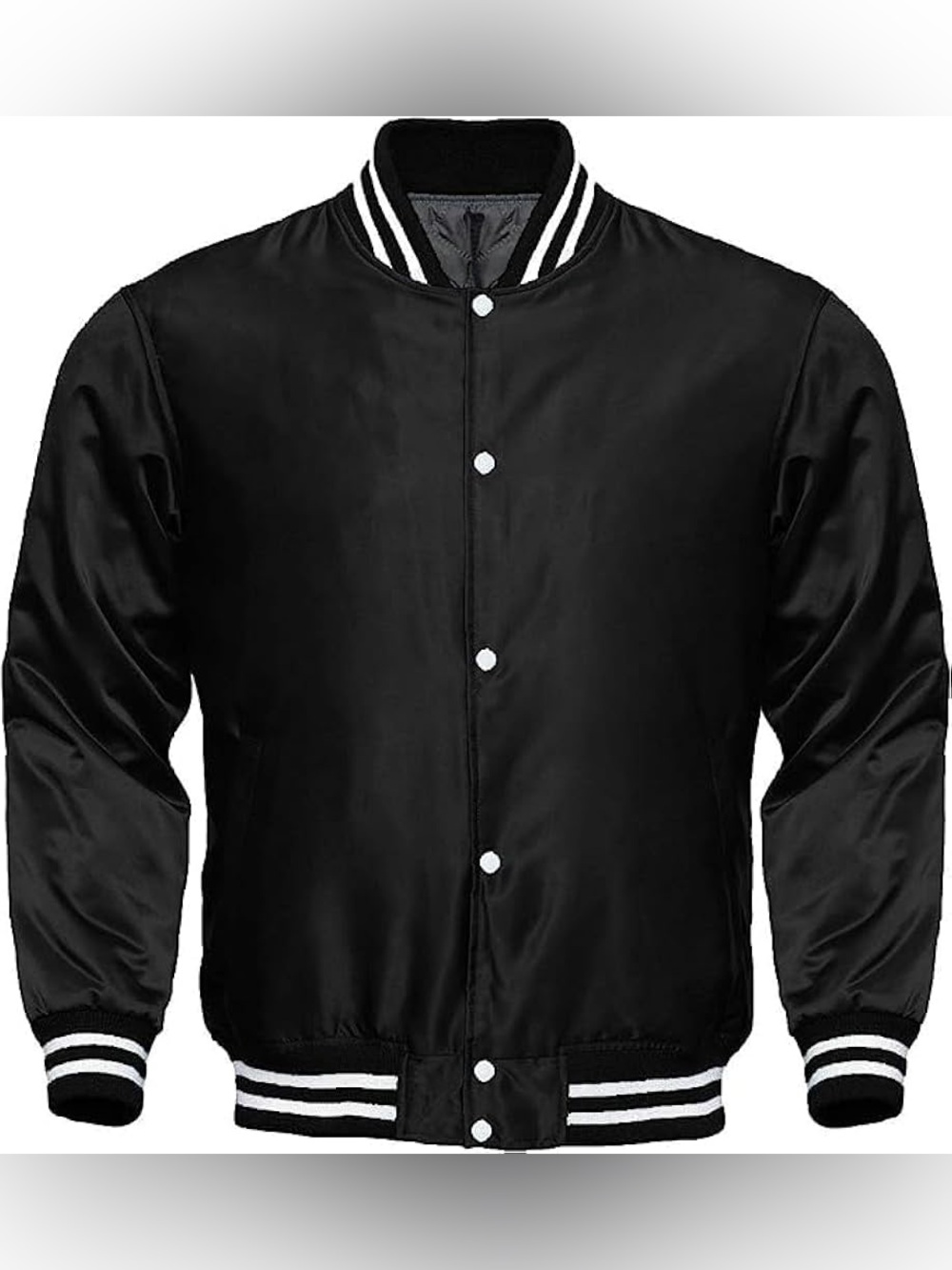 Women’s Cropped Black Varsity Bomber Jacket - Classic Stripe Cuffs
